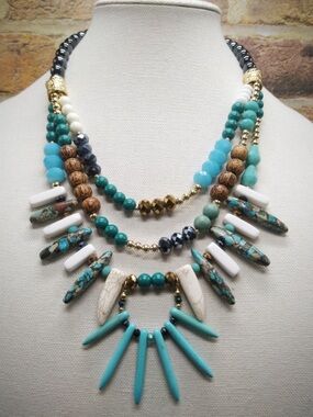 Boho Multi-Strand Statement Necklace Turquoise Spike Wood Beads Layered